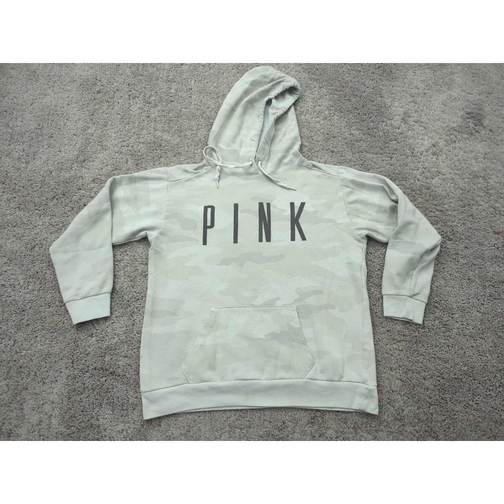 Victoria's Secret PINK Hoodie Womens M Gray Camo Pullover Sweatshirt Pockets
